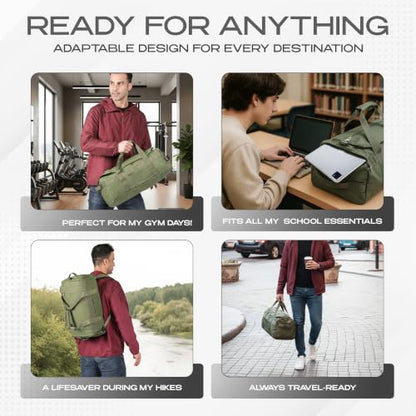 3-in-1 Duffle Bag Backpack with Shoe & Laptop Pocket, Cup Holder, Ventilated Gym & Travel Bag (Dark Green) - color: Dark Green