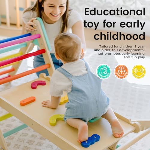 Tiny Land Pikler Triangle Set,7-in-1 Foldable Montessori Climbing Toys | Indoor Wooden Playground Jungle Gym for Kids, Climber Gift for Boys & Girls Toddler Climbing Toys (Rainbow)