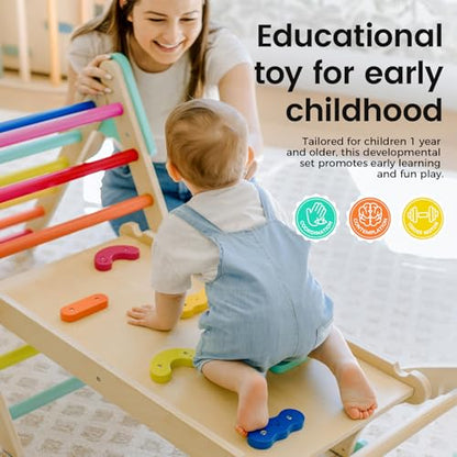 Tiny Land Pikler Triangle Set,7-in-1 Foldable Montessori Climbing Toys | Indoor Wooden Playground Jungle Gym for Kids, Climber Gift for Boys & Girls Toddler Climbing Toys (Rainbow)