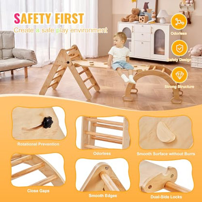 Happybuy 5-in-1 Toddler Climbing Set, Montessori Pikler Triangle, Ramp & Arch, Medium Wooden Playground for 1-3 Years, Indoor Climbing Gym, Wood Color