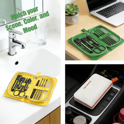 9-in-1 Manicure and Pedicure Kit for Men & Women, Travel Nail Clipper Set with Stainless Steel Tools & Glass Nail File, Portable Grooming Kit in PU Leather Case, Personal Care Gift - color: Green-Black