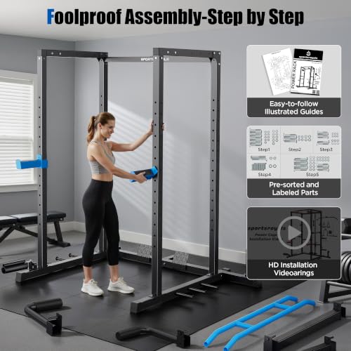 SPORTSROYALS Power Rack, Multi-Functional Power Cage, Squat Rack with Pulley System & LAT Pull Down, Workout Cage with J Hooks for Home Gym - color: Blue, style: Power Cage Only