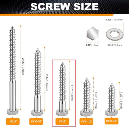 25 Pcs 1/4" x 2" Hex Head Lag Screws for Wood, Hex Head Lag Bolts,304 Stainless Steel 18-8 Heavy Duty Wood Screw with Flat Washers (25, 1/4" x 2") - size: 1/4" x 2"