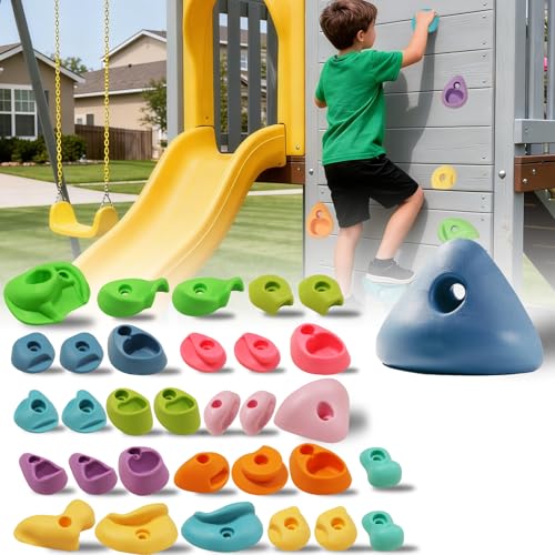 32 PCS Rock Climbing Holds for Kids,Rock Climbing Wall Grips Climbing Rocks Wall Kit for Indoor and Outdoor Playground Play Set with Hardware（Pastel Color） - color: 32pcs-macaron