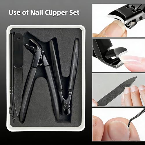 Nail Clippers Set Box, 4 Pcs-Stainless Steel Large Toenail Clippers for Thick Nails, Heavy Duty Slanted Nail Clipper with Nail File, Nail Lifter, Long Handled Fingernail Cutter for Men & Women - size: 4Pcs Nail Clippers Set-black