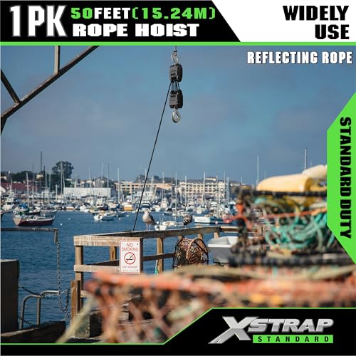 XSTRAP STANDARD 50FT Reflective Rope Hoist 1 Ton 5:1 Block & Tackle w/Loops | 2000Lbs Break Strength, 1 ton wheel block & tackle pulley, includes 2PK 18" soft loops, reflective heavy-duty hoist - color: 50ft Reflective Upgraded