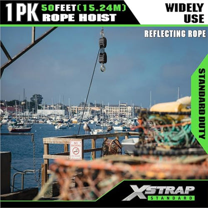 XSTRAP STANDARD 50FT Reflective Rope Hoist Pulley Block & Tackle 5:1 System | 1000 LB Working Load, 2000 LB Break Strength, 50 FT Rope Hoist with 2 Soft Loops for Garage, Hunting & DIY Attic Lift - color: Reflective Black