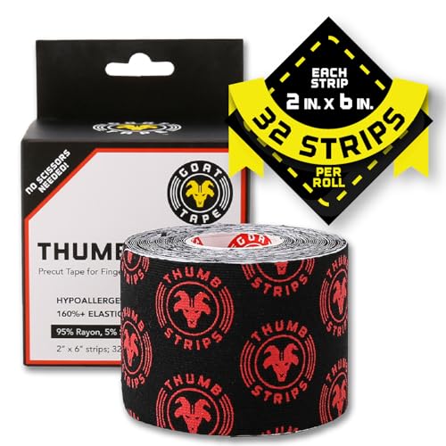 Thumb Strips Pre Cut Athletic Tape for Fingers - Black 2" x 6" - Extra Sticky Elastic Athletic Thumb Tape for Weightlifting, Cross Training, Gym Grips, Hook Grip, WOD Workout Hand Wrap