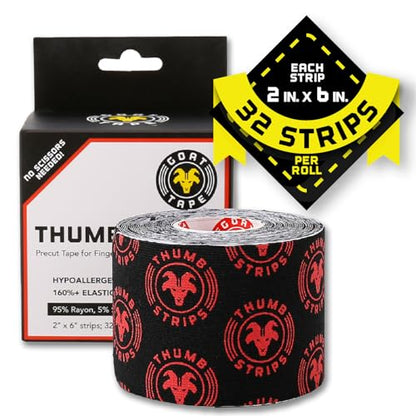 Thumb Strips Pre Cut Athletic Tape for Fingers - Black 2" x 6" - Extra Sticky Elastic Athletic Thumb Tape for Weightlifting, Cross Training, Gym Grips, Hook Grip, WOD Workout Hand Wrap