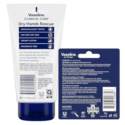 Vaseline Hand Cream, Dry Hands Rescue 2-Pack – Clinical Care Formula, Fragrance-Free, 5.1 Oz Ea + Lip Therapy Original Moisturizer for Lips, 0.16 Oz - size: 5.1 Ounce (Pack of 2)