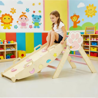 Takywep Pikler Triangle Set, 7-in-1 Foldable Pikler Triangle Climbing Toys Set with Arch & Ramp & Ladder, Indoor Playground Gym, Wooden Montessor Climbing Set for Kids Toddler - color: Pink-cat