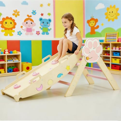 Pikler Triangle Set with Safe Handle, 7-in-1 Montessori Climbing Set for Toddlers, Wooden Pickler Climbing Set, Collapsible Climbing Triangle Climbing Set, Baby Jungle Gym & Playground, for 1-3 Year - color: Pink