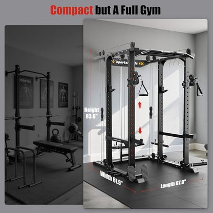 SPORTSROYALS Power Rack, Multi-Functional Power Cage, Squat Rack with Pulley System & LAT Pull Down, Workout Cage with J Hooks for Home Gym - color: Black, style: Power Cage Only