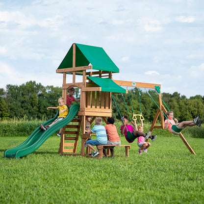 Backyard Discovery Belmont Cedar Wood Swing Set with Wave Slide, Play Deck, Rock Wall Ladder, Snack Bar Window, Shaded Picnic Area, Bench, Belt Swings, Trapeze, Sandbox Area, Canopy, Outdoor Playset - color: Green