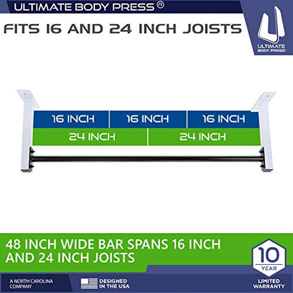 Ceiling Mount Pull Up Bar with 48” Straight Bar and 14” Risers, Fits 16” and 24” Joist by Ultimate Body Press - color: white and black
