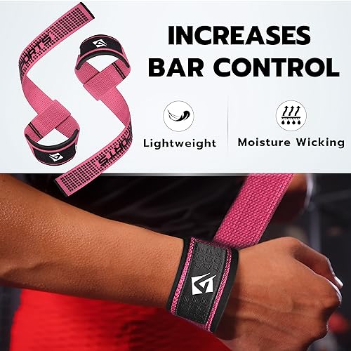 AQF Weight Lifting Straps, Padded Cotton Gym Wrist Straps for Deadlifts | 23" Extra-Long, Heavy-Duty Webbing, 5mm Neoprene Cushioning, Open-Loop Design, Sold as Pair, Ideal for Rows & Pull Workout - color: Pink Gel Grip