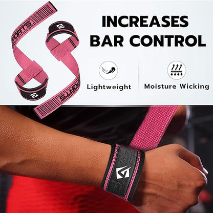 AQF Weight Lifting Straps, Padded Cotton Gym Wrist Straps for Deadlifts | 23" Extra-Long, Heavy-Duty Webbing, 5mm Neoprene Cushioning, Open-Loop Design, Sold as Pair, Ideal for Rows & Pull Workout - color: Pink Gel Grip