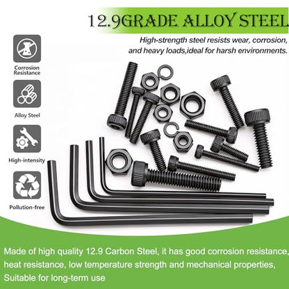 mxuteuk 888PCS Metric Screws Assortment,M4 M3 M2.5 M2 Screws Kit, Suitable for 3D Printing DIY, Grade 12.9 Alloy Steel Hex Socket Head Cap Bolts Nuts and Washers Kit, Black Zinc Plated - size: 888PCS M2 M2.5 M3 M4, style: Hex Socket Head