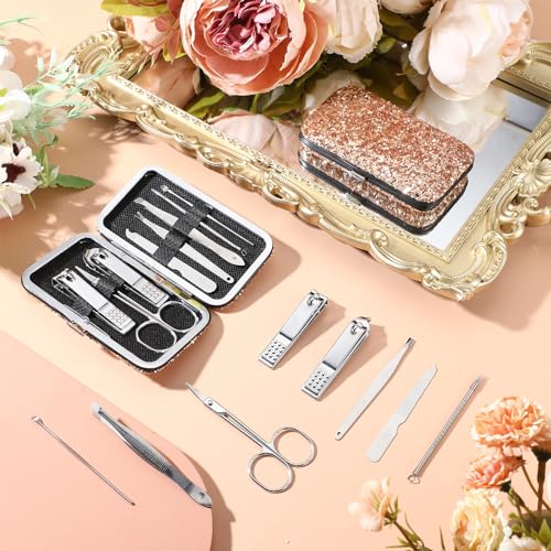 Geosar 50 Set 8 in 1 Travel Manicure Kit Bulk Professional Nail Clippers Pedicure Nail Care Tools Grooming Stainless Steel Set with Portable Travel Case, Gift for Valentine Men Women(Glitter Gold) - color: Glitter Gold
