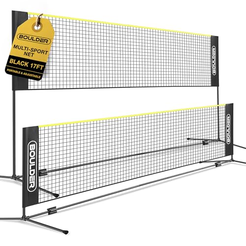 Boulder Portable Badminton Pickleball Net - Foldable/Extendable Poles for Multiple Sports Heights (UP to 5 ft) - Ideal for Tennis, Pickleball, Soccer Tennis - Easy Setup - color: 17ft Black