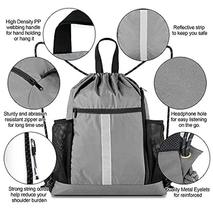 BeeGreen Grey Drawstring Bag Pack Gym Sackpack w Shoe Compartment Two Water Bottle Holder Portable String Sinch Sack for Gymnastic Athletic Beach Travel - color: Grey, style: Drawstring With Shoe Compartment