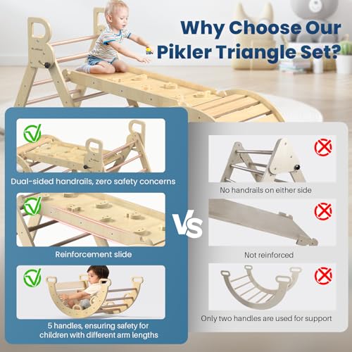 Pikler Triangle Set with Safe Handle, Climbing Toys for 1-3 Year | Foldable 7-in-1 Montessori Toddler Climbing Toys Indoor, Wooden Pickler Climbing Set, Baby Jungle Gym & Playground, Natural - color: Natural Wood