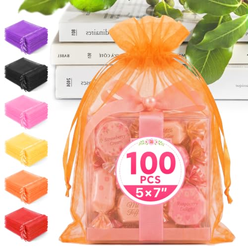 ANZNKU 100PCS Organza Bags 5x7 Orange Small Gift Mesh Drawstring Goodie Bag | Party Favor Goody Gift Bag Pouch for Jewelry Candy Treat Soap Sachet, Use for Wedding Birthday Baby Shower Graduation - color: Orange-5"x7"