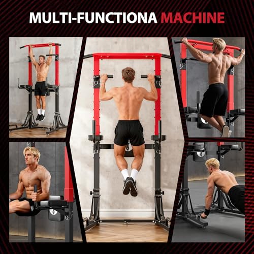 soges Foldable Power Tower Pull Up Bar Station with 6-Level Height Adjustment, Heavy Duty Free Standing Dip Station for Home Gym, Space-Saving Strength Training Equipment for Full Body Workout
