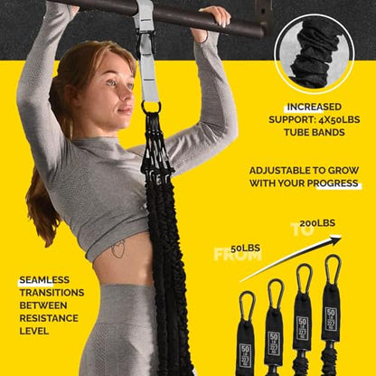 Pull Up Assistance Bands Set with 4 Levels, Adjustable Strap and Foot Rest | 50–200 lb stackable pull-up assistance, nylon-sleeved bands, adjustable support, reduced snap-back risk - color: Gray