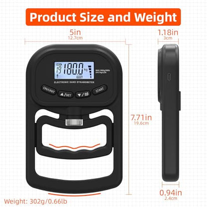 396lbs / 180kg Grip Strength Trainer, Rechargeable Electronic Hand Dynamometer, Digital Grip Strength Tester with LCD Display, Adjustable Hand Grip Dynamometer Hand Exercisers for Strength
