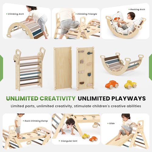 BlueWood Pikler Triangle Set with Cushion, Wooden Climbing Toys for Toddler | Foldable 9-in-1 Montessori Philosophy Toddler Climbing Toys Indoor with Reversible Ramp, Arch and Ladder - Pink - color: Pink