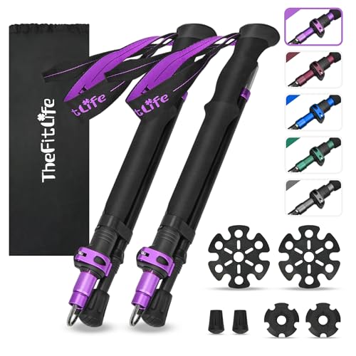 TheFitLife Collapsible Trekking Poles for Hiking – Lightweight Folding Walking Sticks for Men and Women with Extra-Long Foam Handle and Metal Flip Lock - color: Purple, size: 100-120cm for Users 5'7" or under