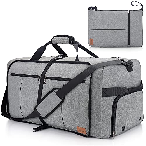 80L EXTRA LARGE Foldable Waterproof Travel Duffle Bag for Men and Women | with Shoe Compartment, Gray, 26" Duffel Bags for Weekender Gym Sport, Tear Resistant - color: Gray, size: 80L