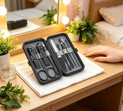Luxury 9-in-1 Manicure Set – Premium Stainless Steel Grooming Kit with Elegant Leather Case-Black