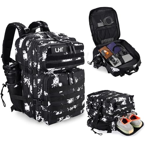 LHI Military Tactical Backpack for Men and Women 45L Army 3 Days Assault Pack Bag Large Rucksack with Shoe Compartment - color: 1.5 Black Lightning