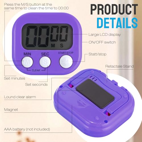Leumoi 24 Packs Small Digital Kitchen Timer for Classroom with Lanyards Magnetic Back and Switch Minute Second Count up Countdown Big LCD Display Loud Alarm for Teacher Cooking Baking, Colorful
