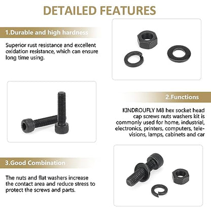 72 Pieces Black M8 x 30/35 /40/45 /50 mm Hex Socket Head Cap Screws Nuts Washers Assortment Kit, 12.9 Grade Alloy Steel - size: M8 x 30/35/40/45/50mm, style: Socket Head
