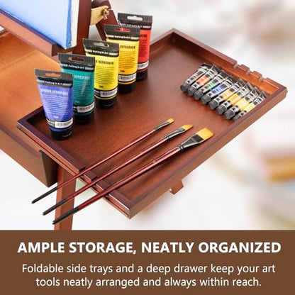 Wooden H-Frame Studio Easel with Storage Drawer and Palettes, Walnut | Solid Beechwood Painting Easel for Students, Beginners, and Artists, Hold Canvas to 36Inches High - style: Side Trays Walnut