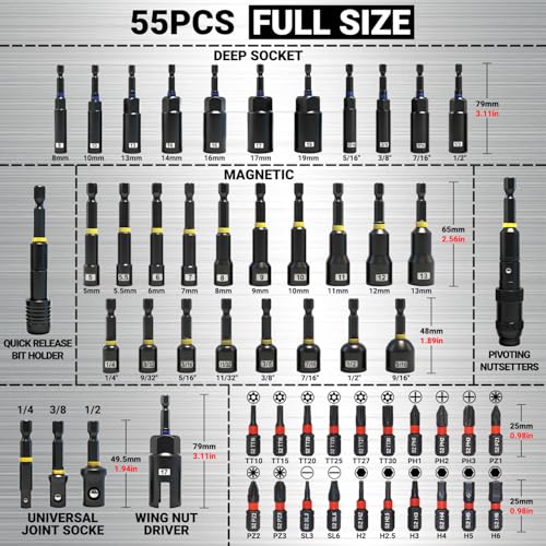 55-Piece Magnetic Impact Nut Driver Set, SAE/Metric Nut Driver Set, Socket Adapters, Wing Nut Driver, Universal Sockets, Quick Release Extension, Pivoting Nutsetter, 1/4'' Quick Change, Power Bits