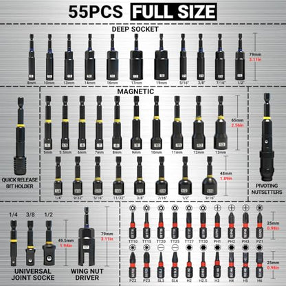 55-Piece Magnetic Impact Nut Driver Set, SAE/Metric Nut Driver Set, Socket Adapters, Wing Nut Driver, Universal Sockets, Quick Release Extension, Pivoting Nutsetter, 1/4'' Quick Change, Power Bits