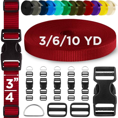 TECEUM 3/4" Nylon Strap Kit with Buckles, Red 6 yards Repair Set | Heavy duty hardware kit: 6yd webbing, 6 quick release buckles, 12 tri-glide slide clips, 6 metal D-rings for crafting. - color: Red, size: 3/4" - 6 yards, style: 6 Buckle - 12 Slides - 6 D