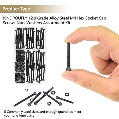 202 Pieces Black M4 x 30/35 /40/45 /50 mm Hex Socket Head Cap Screws Nuts Washers Assortment Kit, 12.9 Grade Alloy Steel - size: M4 x 30/35/40/45/50mm, style: Socket Head