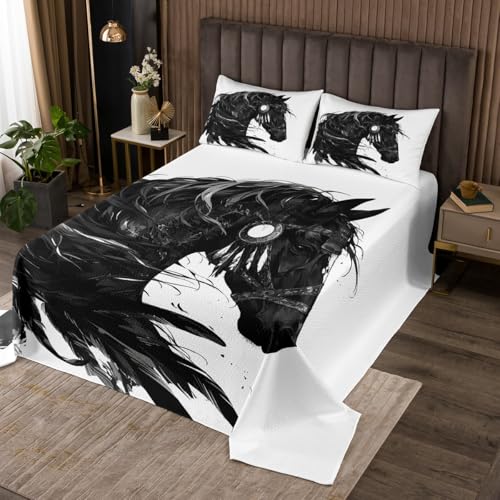 Erosebridal Black Horse Quilt Set Queen Size, Exotic Boho Horse Printed Bedspread Set for Kids Adults, Aztec Wild Animal Coverlet Set for Men Women, Bohemian Dream Catcher Bed Set - color: White, Black, size: Queen