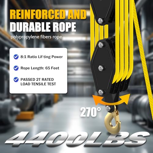 YATOINTO Rope Hoist Pulley System, 4400LB Pulley Block and Tackle, 8:1 Ratio Lifting Power 65ft, Heavy Duty Pulley Block for Hunting Lifting Heavy Objects Garage Warehouses Building (Yellow) - color: Yellow(Powder Coating)