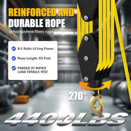 YATOINTO Rope Hoist Pulley System, 4400LB Pulley Block and Tackle, 8:1 Ratio Lifting Power 65ft, Heavy Duty Pulley Block for Hunting Lifting Heavy Objects Garage Warehouses Building (Yellow) - color: Yellow(Powder Coating)