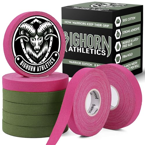 Bighorn Athletics Finger Tape, 0.5" x 45Ft, 8 Rolls, Military Green/Pink | Warrior Edition finger and toe tape for BJJ, Wrestling, Judo. Residue-free Zinc Oxide adhesive, EZ-tear breathable cotton. - color: Military Green & Pink, size: 0.5-Inch