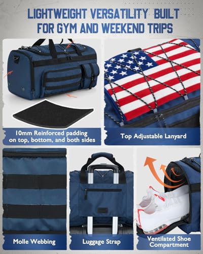 Gonex 45L Duffel Bag for Men, 3 in 1 Convertible Carry Gym Duffle with Shoe Compartment, Tactical Gear Loops, Water-Repellent Lining, Workout & Travel Bag (Dark Blue) | Shoe compartment, Tactical gear loops, Water-repellent lining, 5 zip pockets, Weekend