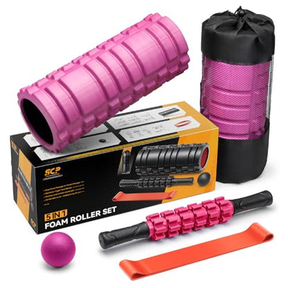 SUBCULTUREPICK 5 in 1 Foam Roller Set for Deep Tissue Muscle Massage | High Density Fitness Exercise Foam Roller, Muscle Roller, Massage Ball, Resistance Band, for Whole Body Physical Therapy Pink - color: Pink-black