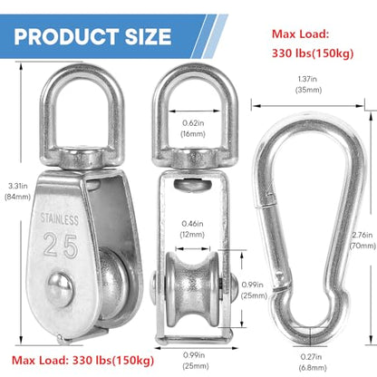 6Pcs 304 Stainless Steel M25 Single Pulley Block, Wire Rope Hanging Wire Towing Wheel, with 6Pcs Spring Snap Hook - size: M25-6pcs