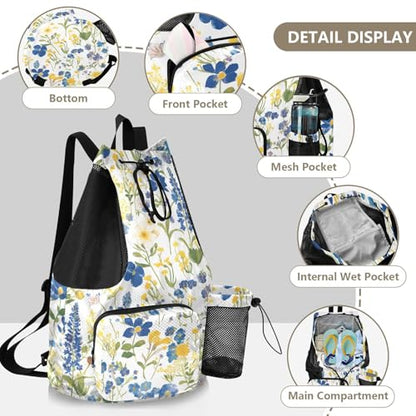 Drawstring Climbing Gym Bag With Water Bottle Pocket Women Mens Drawstring Backpack with Wet Dry Compartments Watercolor Colorful Floral Pattern